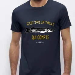 Tee Shirt Manches Courtes Homme Monsieur Pêcheur C'est Pas La Taille Qui Compte - Brochet - Marine