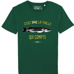 Tee Shirt Manches Courtes Homme Monsieur Pêcheur C'est Pas La Taille Qui Compte - Brochet - Vert